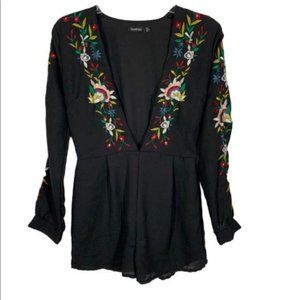 BOOHOO Floral Embroidered Long Sleeve Romper Black Size 4